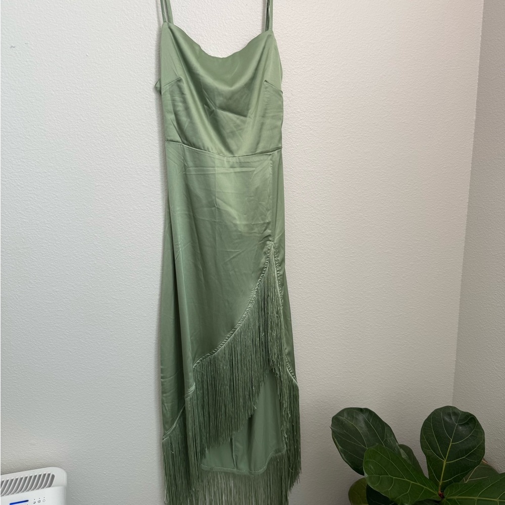 Asymmetrical Green Dress with Fringe